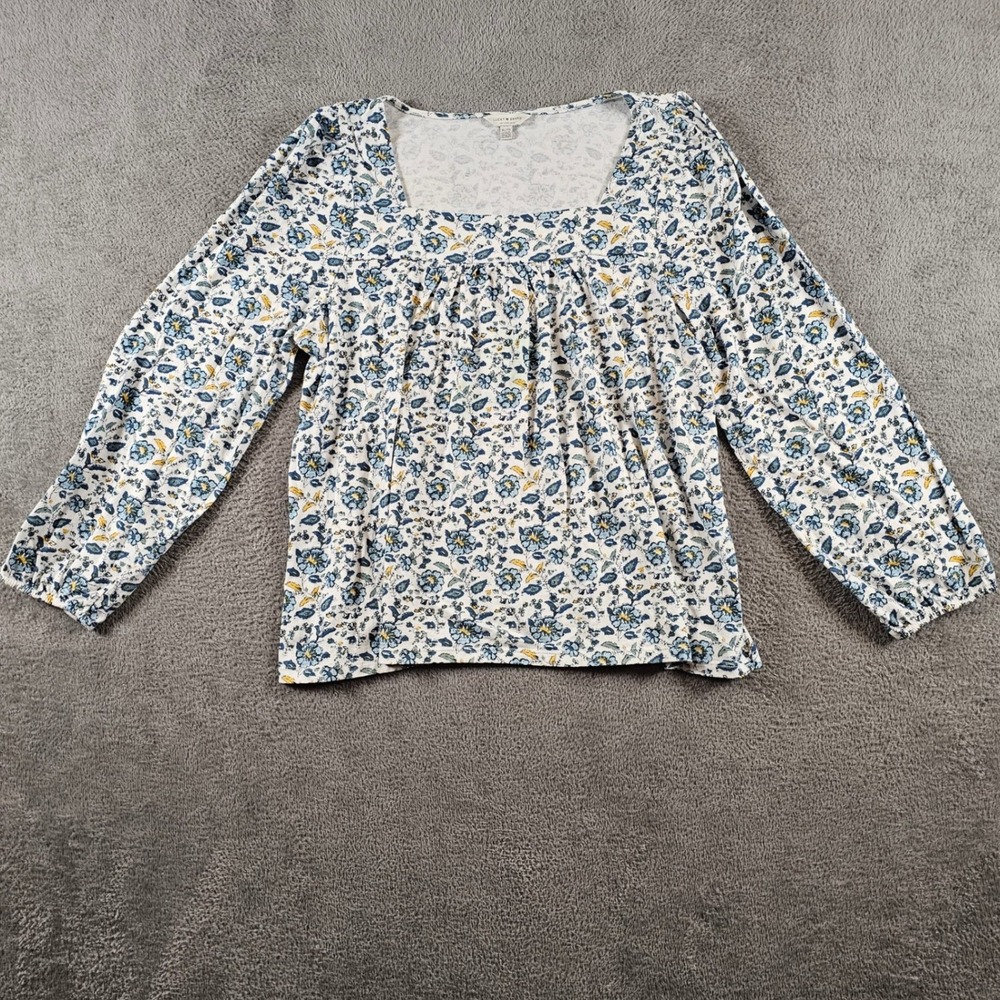 Lucky Brand Blue Floral Square Neck Long Sleeve Top XL Blouse